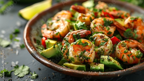 A closeup of Avocado shrimp salad with lime cilantro dressing, Fresh food serving