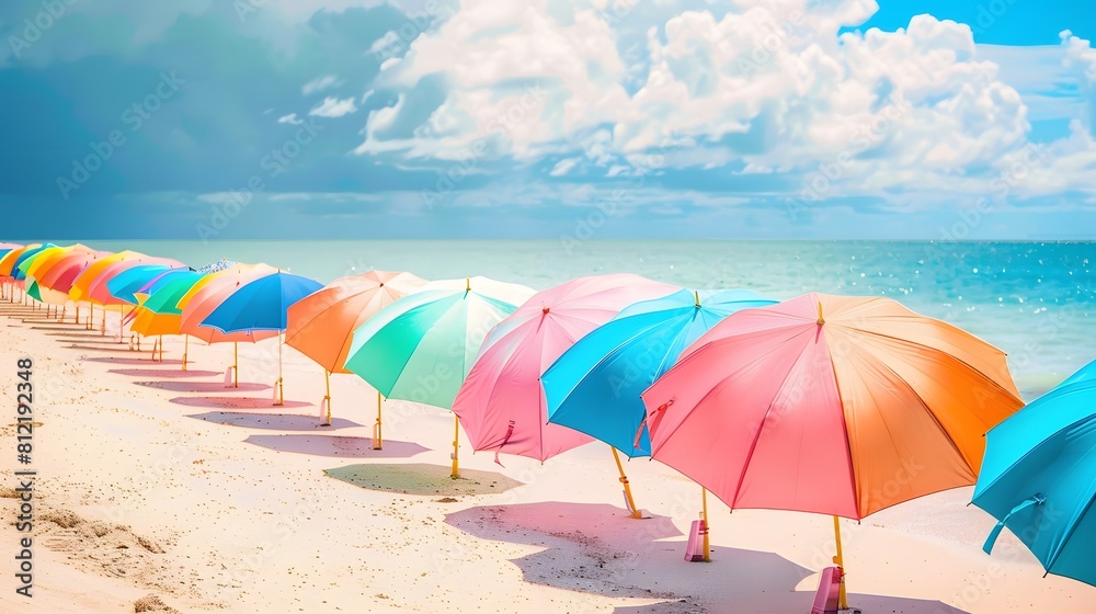 Vibrant colored umbrellas lining a sandy shore