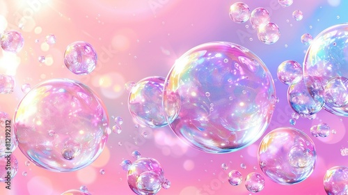  Soap bubbles floating on a pink-blue-pink background with additional bubbles on a pink-purple-pink backdrop
