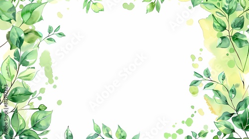 A fresh leafy frame with green splashes on a white background