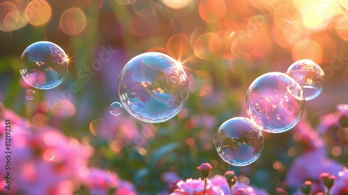  A field of pink flowers with a bright sun and floating soap bubbles