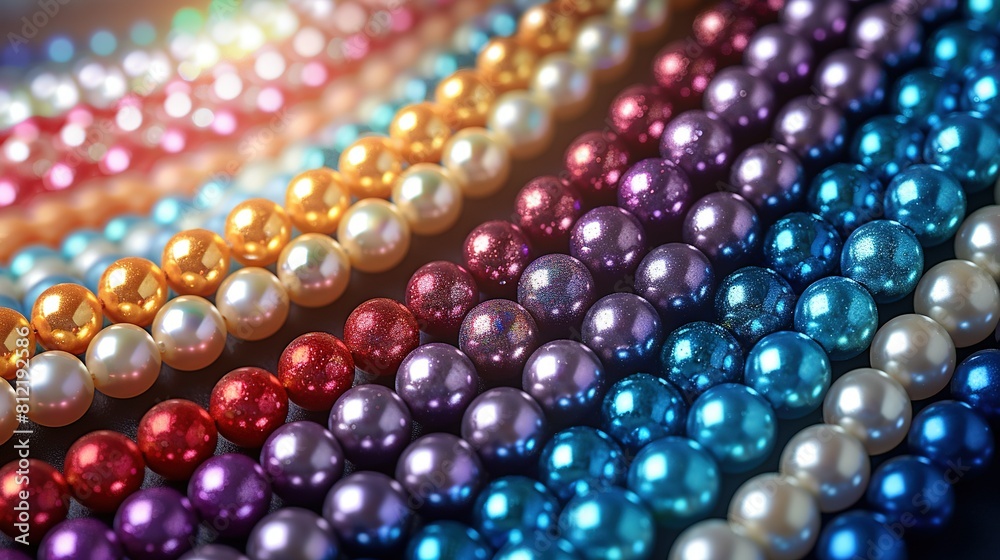 Multicolored pearls sit on white counter top, rainbow wall backdrop Multicolored pearls sit on white counter top, rainbow wall backdrop