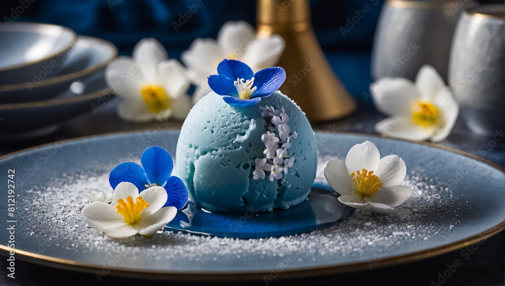 Mochi blue ice cream with flowers in cafe