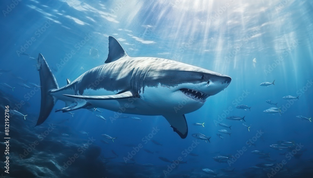 Naklejka premium The great White Shark in the ocean, portrait of White shark hunting prey in the underwater
