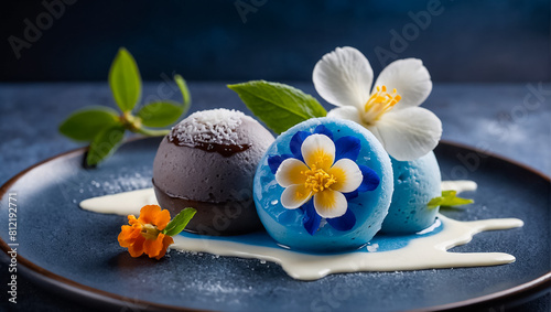 Mochi blue ice cream with flowers in cafe sweet haute cuisine