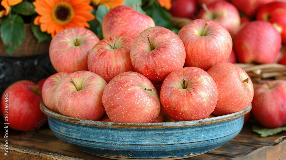 Blue bowl of red apples, orange flowers, and orange daisies Blue bowl of red apples, orange flowers, and orange daisies