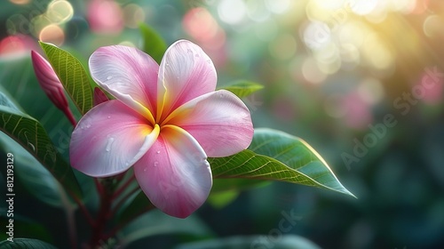   A pink flower with a yellow center on a green leafy branch in front of a blurry background of green leaves