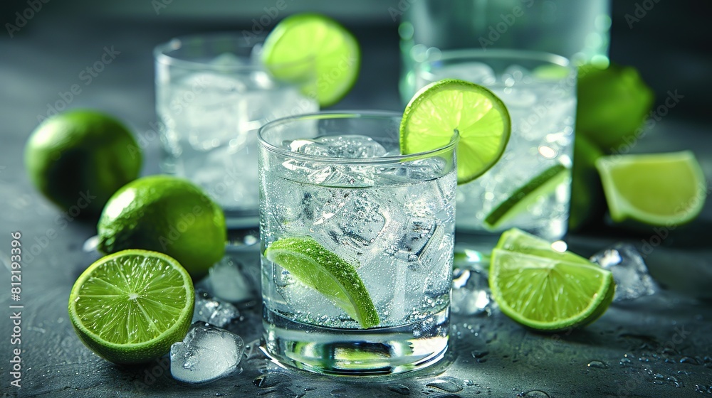 A close-up of a glass filled with limes on the rim and ice cubes inside A close-up of a glass filled with limes on the rim and ice cubes inside