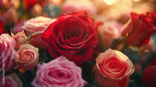   A bouquet of red and pink roses on a bed of white and pink flowers during a sunny day