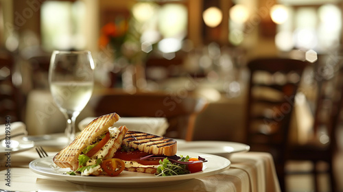 A sophisticated dining setup featuring a plate of grilled panini accompanied by a side salad and a glass of white wine  elegantly presented on a white tablecloth in a well-appointed restaurant