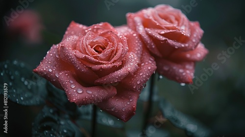  Close-up of two red roses with water droplets on petals  against a dark background with green foliage and water drops on leaves