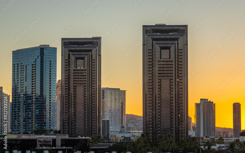 Exposure done at Sunrise of downtown Honolulu while arriving by cruise ship in beautiful Hawaii. Exposure done at Sunrise of downtown Honolulu while arriving by cruise ship in beautiful Hawaii.