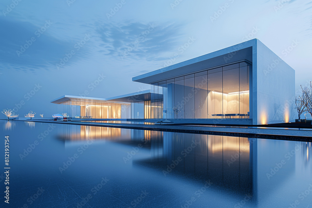 Fototapeta premium Modern buildings by the lake. Empty architectural background.