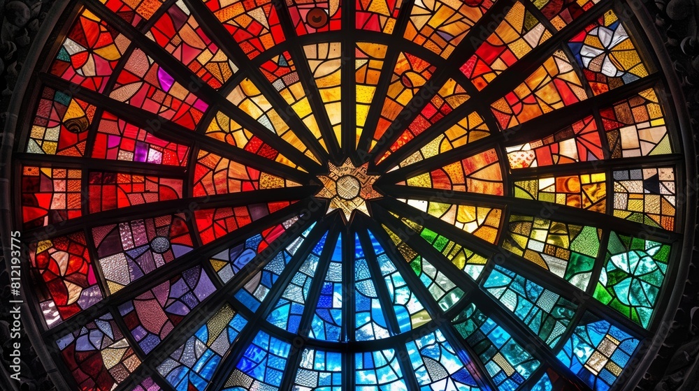 Colorful stained-glass window creating a tranquil atmosphere suitable for spiritual and cultural designs