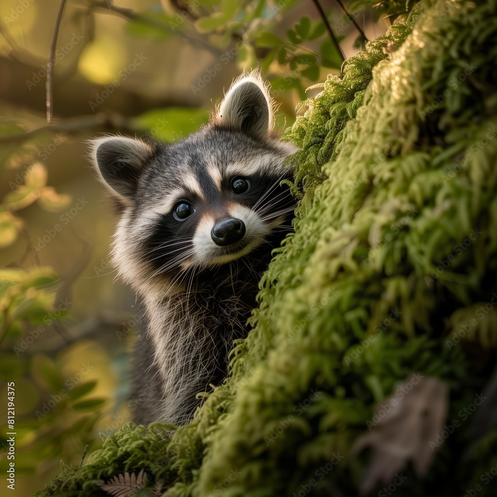Cute raccoon climbing tree, furry face with mask, wildlife in nature. Curious mammal in forest, closeup portrait in park. Brown and grey fur, watching surroundings, beautiful. Cute raccoon climbing tree, furry face with mask, wildlife in nature. Curious mammal in forest, closeup portrait in park. Brown and grey fur, watching surroundings, beautiful.