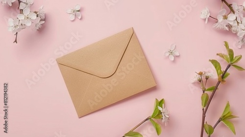  A brown envelope rests atop a pink surface alongside a cherry blossom branch on a pink backdrop