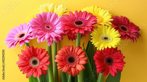   A close-up of a bouquet of colorful flowers on a yellow background  with green stems and various hues including pink  yellow  and red