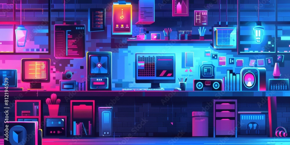 A pixelated illustration of a retro gaming room with blue and purple neon lights. A pixelated illustration of a retro gaming room with blue and purple neon lights.