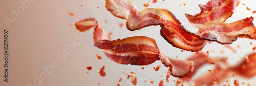 Streaky bacon rashers falling through the air. photo