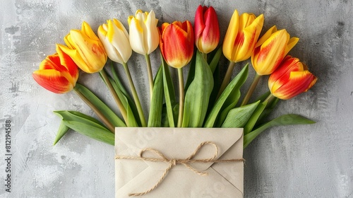  A bouquet of tulips in an envelope made of paper, secured with twine