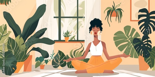 A young woman is sitting in a yoga pose in a room full of plants