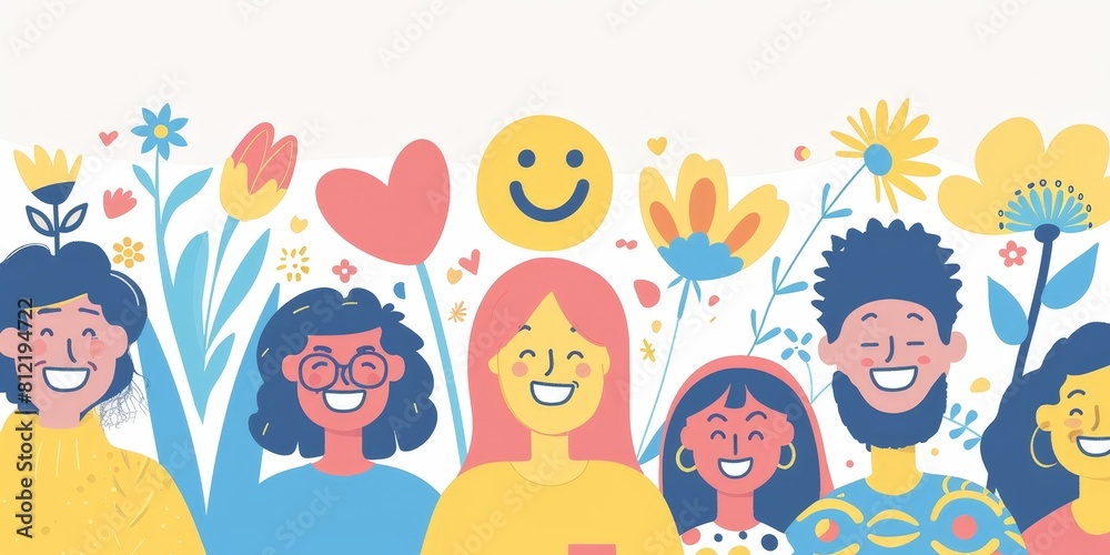Group of diverse happy people with flowers and hearts. Vector illustration for banner, poster, postcard. Group of diverse happy people with flowers and hearts. Vector illustration for banner, poster, postcard.
