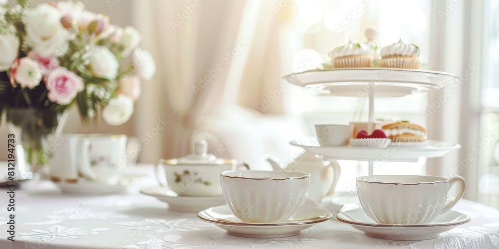 High angle view of a table set for afternoon tea with a three-tiered stand of pastries, a teapot, and teacups.