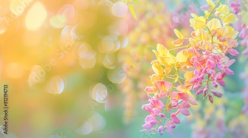 A colorful flower with a yellow stem and pink petals