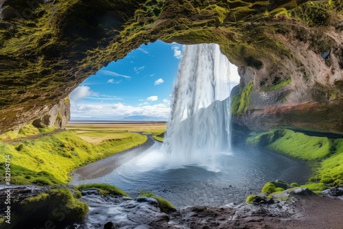 Breathtaking Beautiful Seljalandsfoss waterfall. Wilderness natural scenic landscape. Generate ai