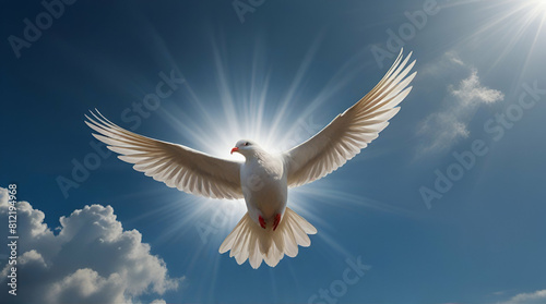 White dove with outstretched wings on blue sky. Genrative.ai 