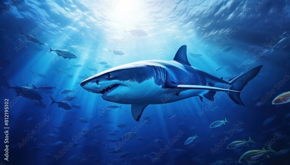 The great White Shark in the ocean, portrait of White shark hunting prey in the underwater