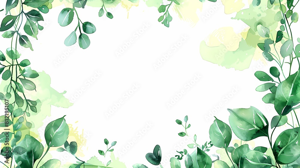 Fresh green foliage border on a watercolor splash background