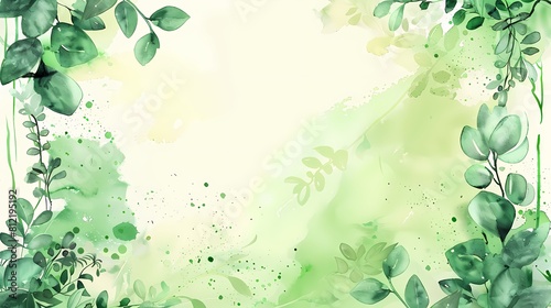 Green watercolor leaves frame a fresh spring themed background