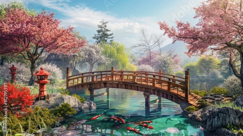 wooden bridge on japanese garden in spring