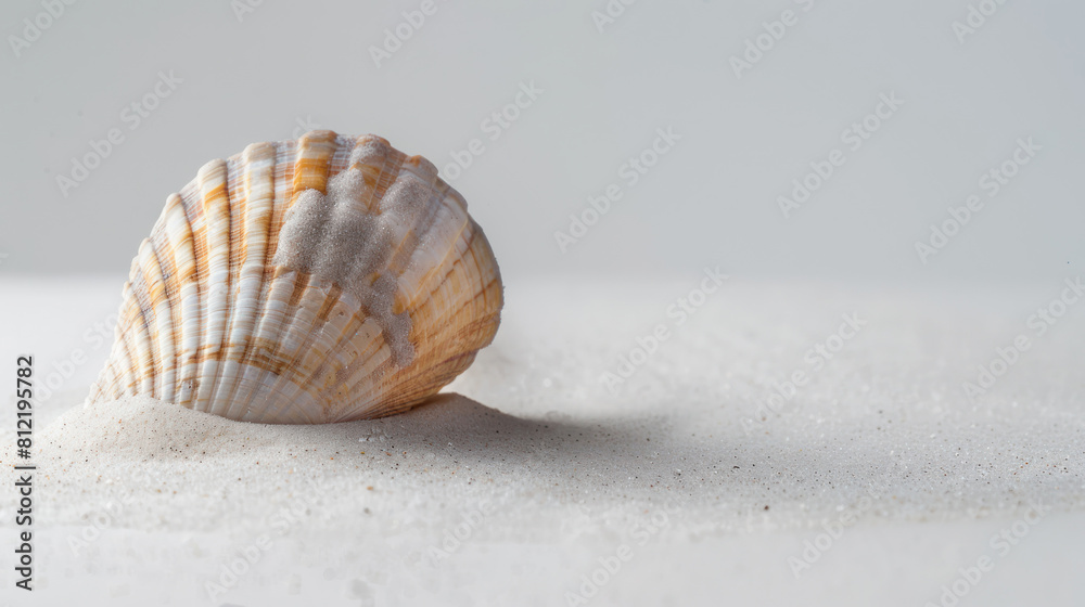 small scallop shell close-up on sandy beach small scallop shell close-up on sandy beach