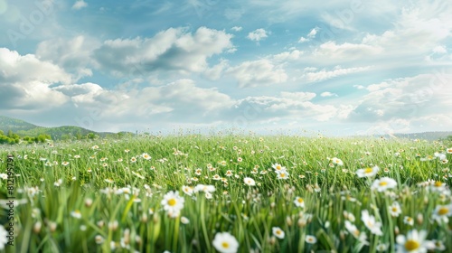 blooming field of daisies in the grass in the hill