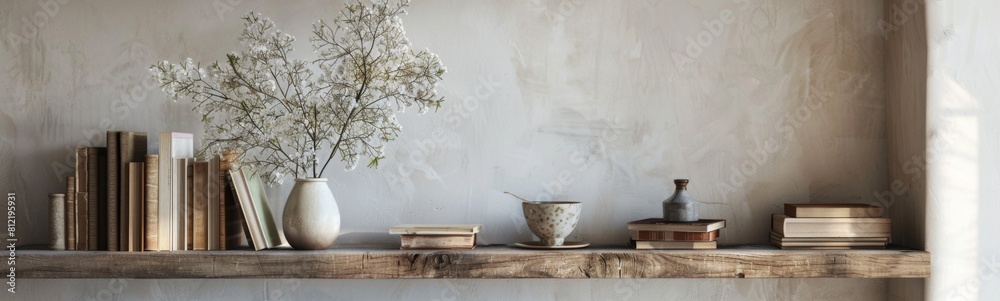 Books and vases on a shelf with books. Banner Books and vases on a shelf with books. Banner