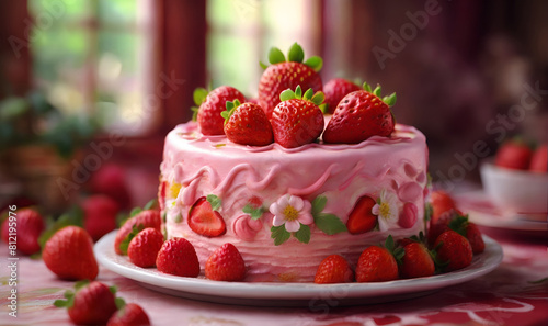 Cake decorated with cream and strawberries  strawberry cake