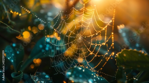 Dew-kissed spiderweb in the morning light for nature-inspired themes