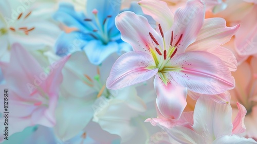 A bouquet of flowers with pink and blue flowers