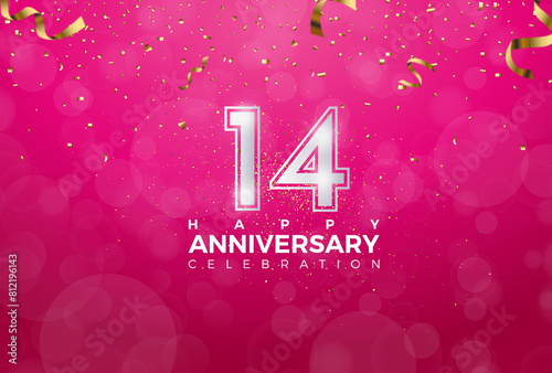 14th Anniversary celebration, 14 Anniversary celebration, Realistic 3d sign, stars, Pink background, festive illustration, Silver number 14 sparkling confetti, 14,15
 photo