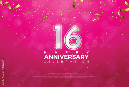 16th Anniversary celebration, 16 Anniversary celebration, Realistic 3d sign, stars, Pink background, festive illustration, Silver number 16 sparkling confetti, 16,17
 photo