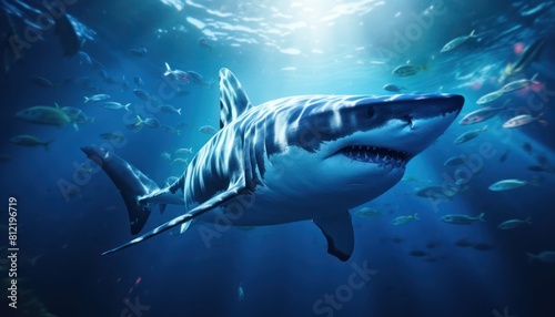 The great White Shark in the ocean  portrait of White shark hunting prey in the underwater