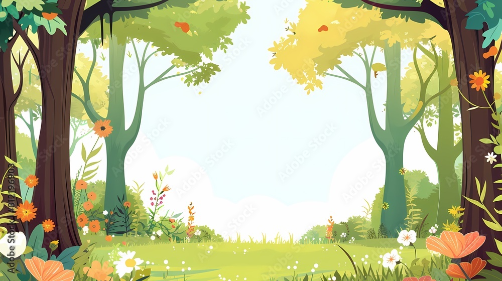 Fototapeta premium Serene forest glade with vibrant wildflowers and sun kissed trees