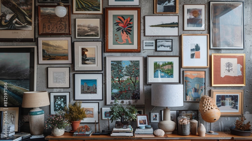 Eclectic art gallery wall with mixed frames and warm lighting for artistic home decor inspiration