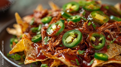 A closeup of BBQ pulled pork nachos with jalapenos, Fresh food serving