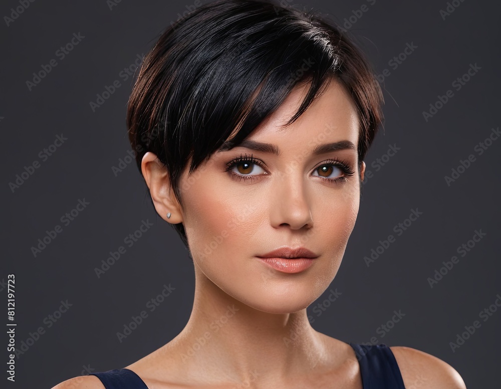 a close up of a woman s face with short hair a close up of a woman s face with short hair