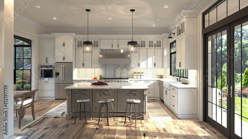 a detailed and realistic 3D rendering of a kitchen with construction details  showcasing the design and layout of the space effectively.