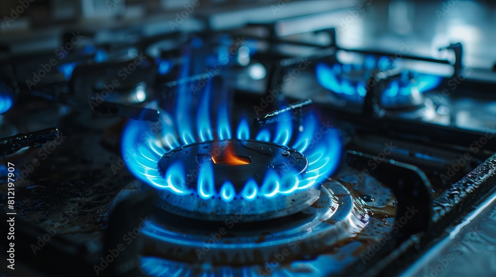 a realistic close-up shot of blue fire from a domestic kitchen stove top involves several considerations.