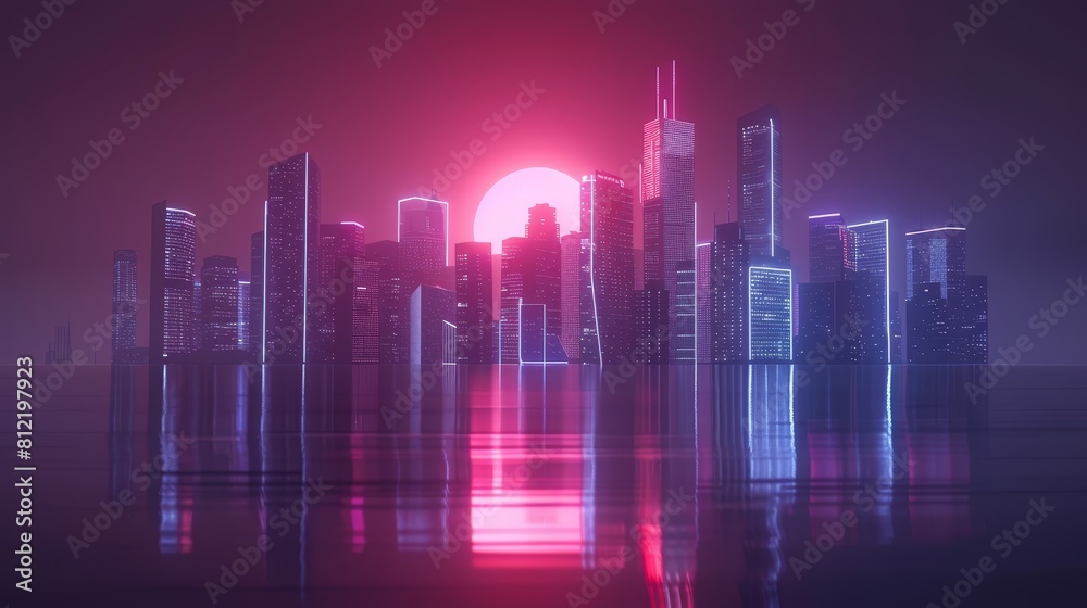 Futuristic cityscape flat design front view neon skyline theme 3D render Monochromatic Color Scheme Futuristic cityscape flat design front view neon skyline theme 3D render Monochromatic Color Scheme
